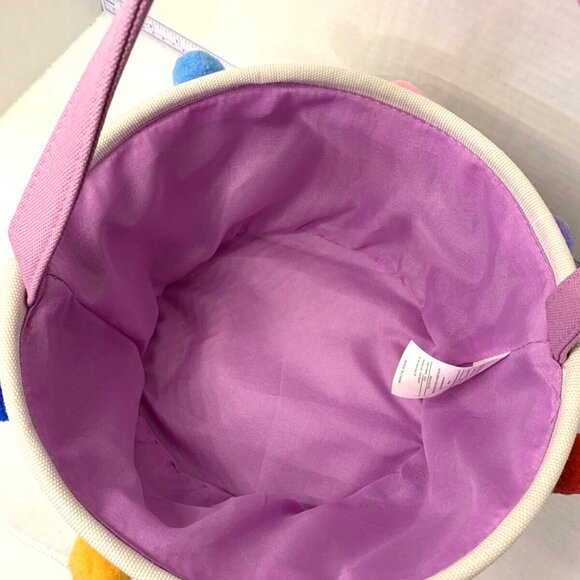 Beige Canvas Easter Basket with Multicolor Pom Poms Lavendar Lining - Picture 4 of 5